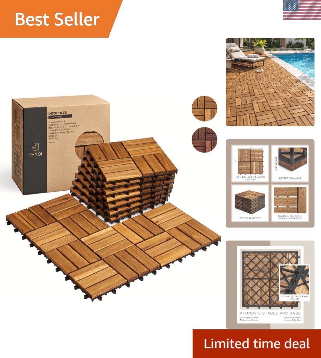 Stylish Golden Teak Interlocking Deck Tiles – Perfect for Backyard Elegance