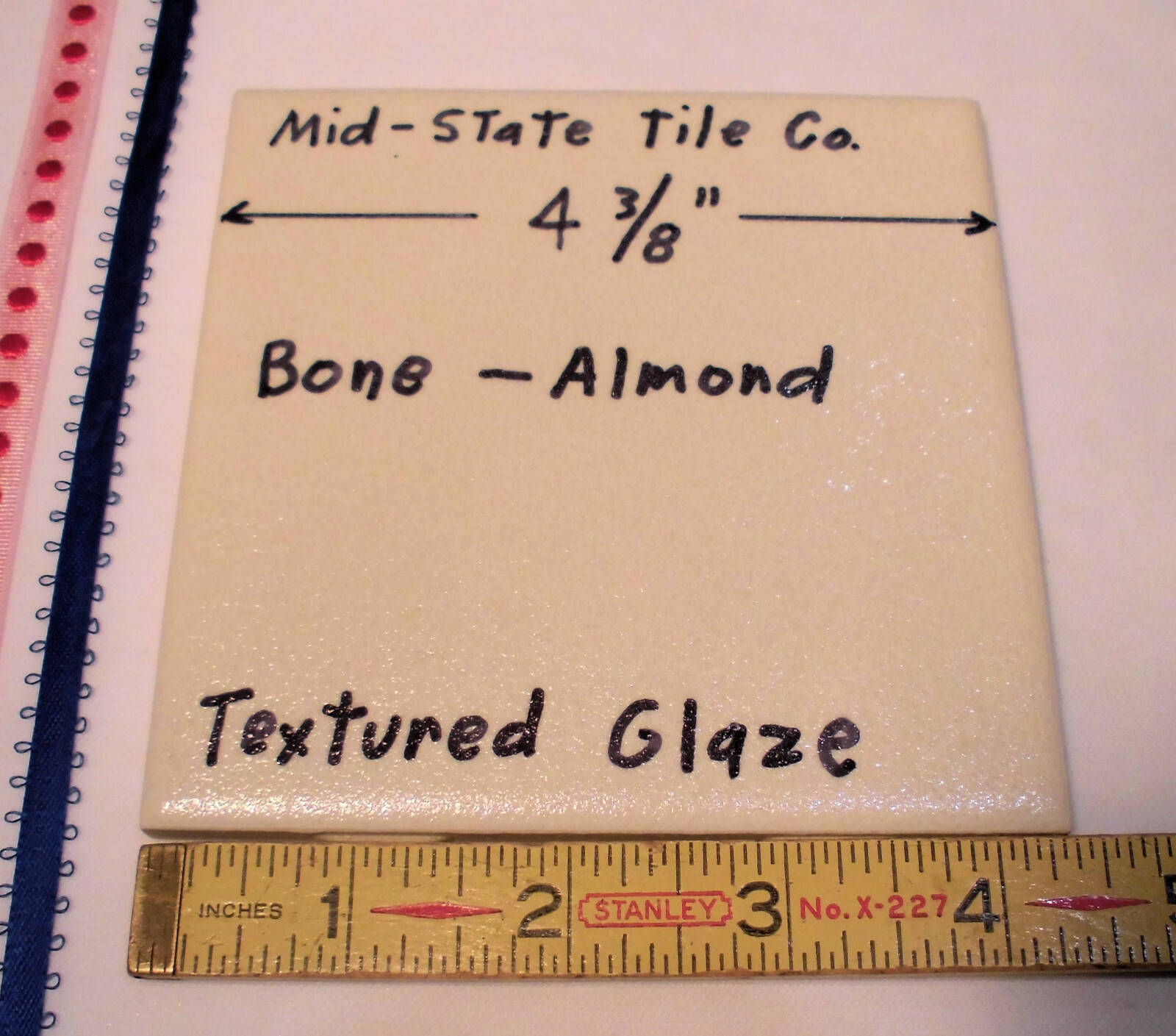 1 pc. Ceramic Tile *Bone-Almond* by Mid-State Co. 4-3/8″ (NOS) Textured Glaze