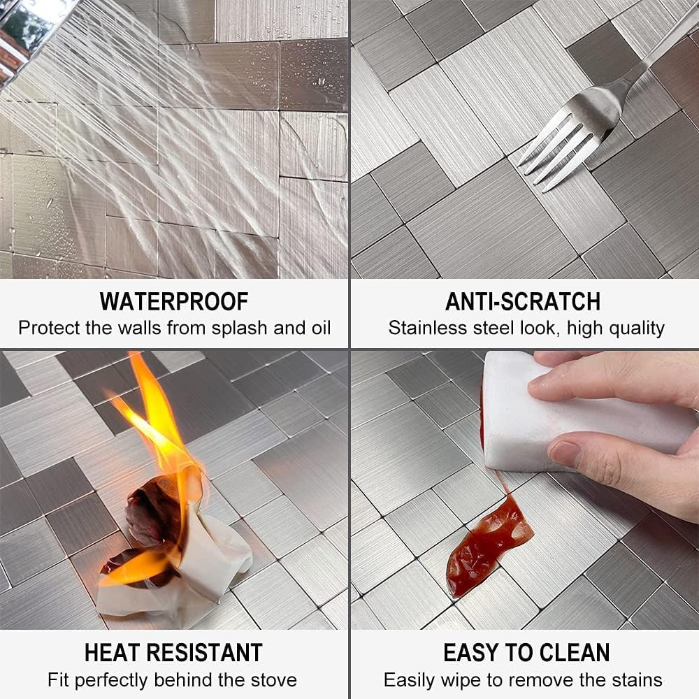 1 Sheet Grey Marble Peel and Stick Tile Backsplash, Mixed Metal Silver Chips Kit