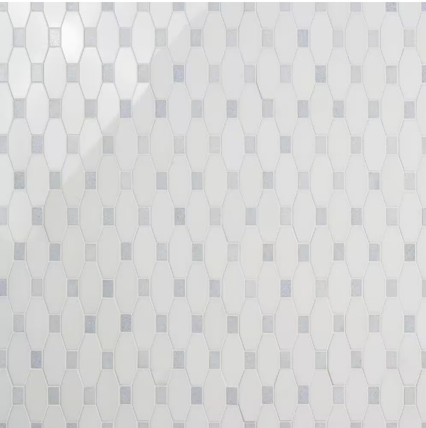 Diapson White Thassos and Blue Celeste 9.75 in. x 10 in. Marble Mosaic Tile