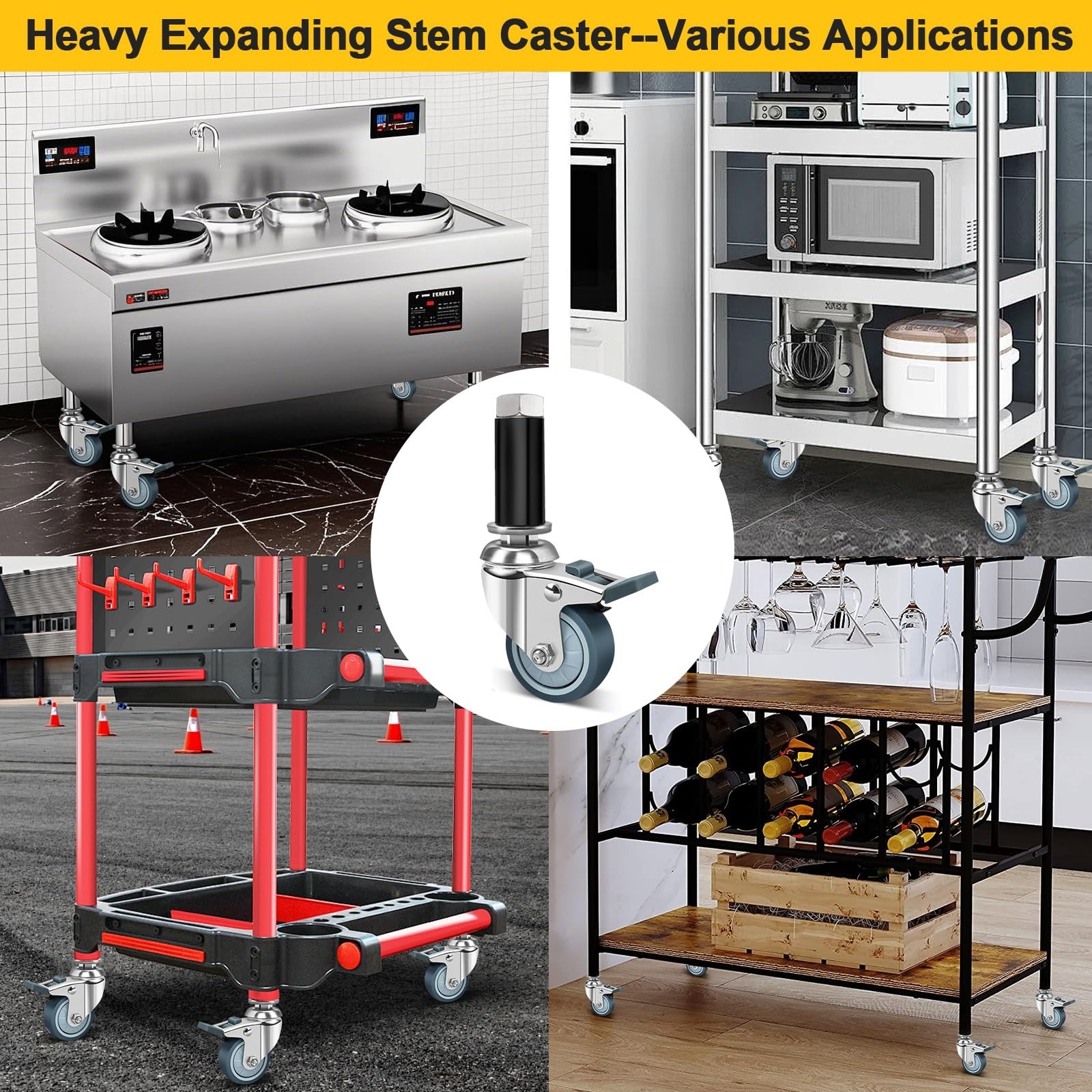 2 Inch Expanding Stem Casters Set of 4, Casters for Wire Shelving with Lockin…