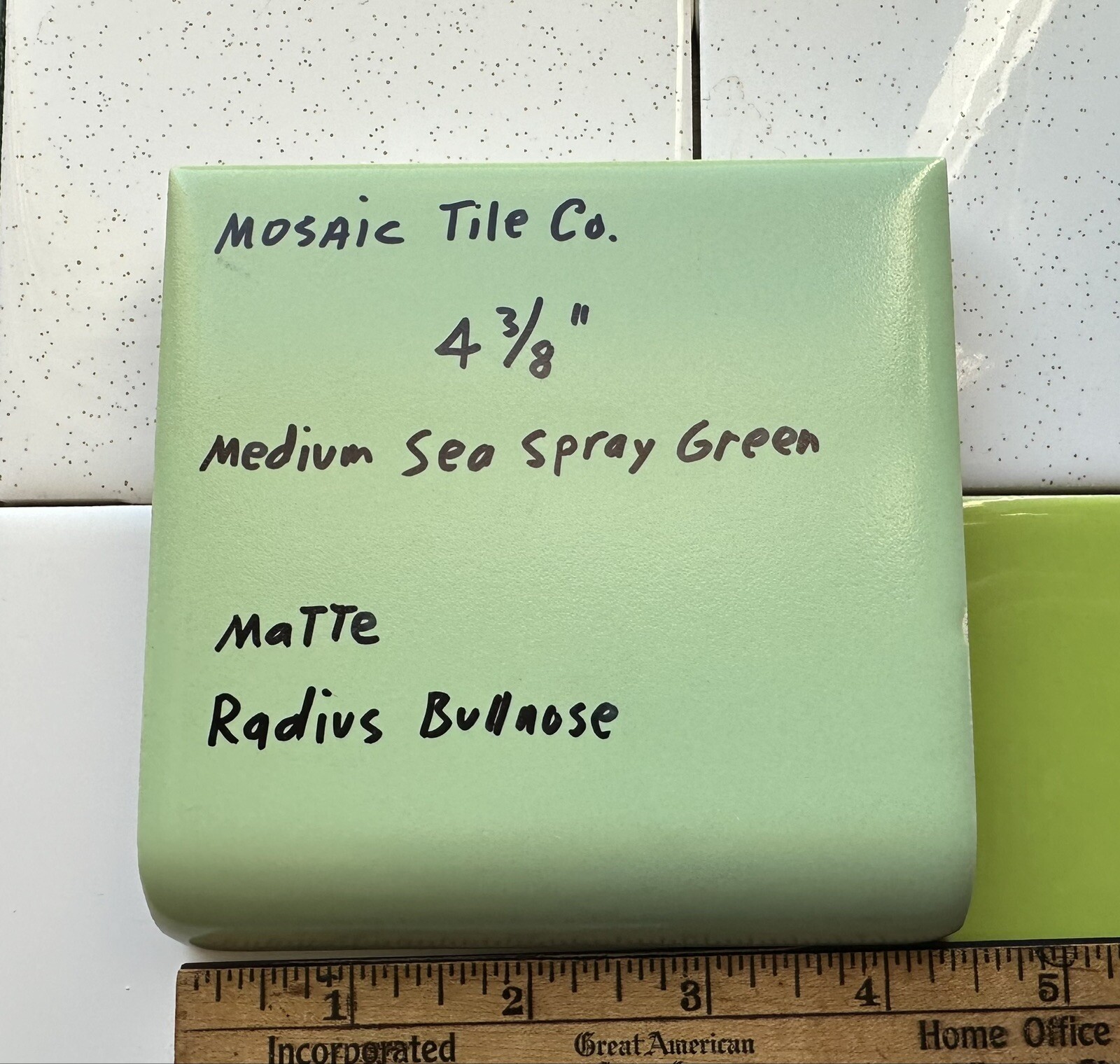 1 pc. Medium Sea Spray Green: Matte Radius Bullnose Ceramic Tile 4-3/8″ NOS
