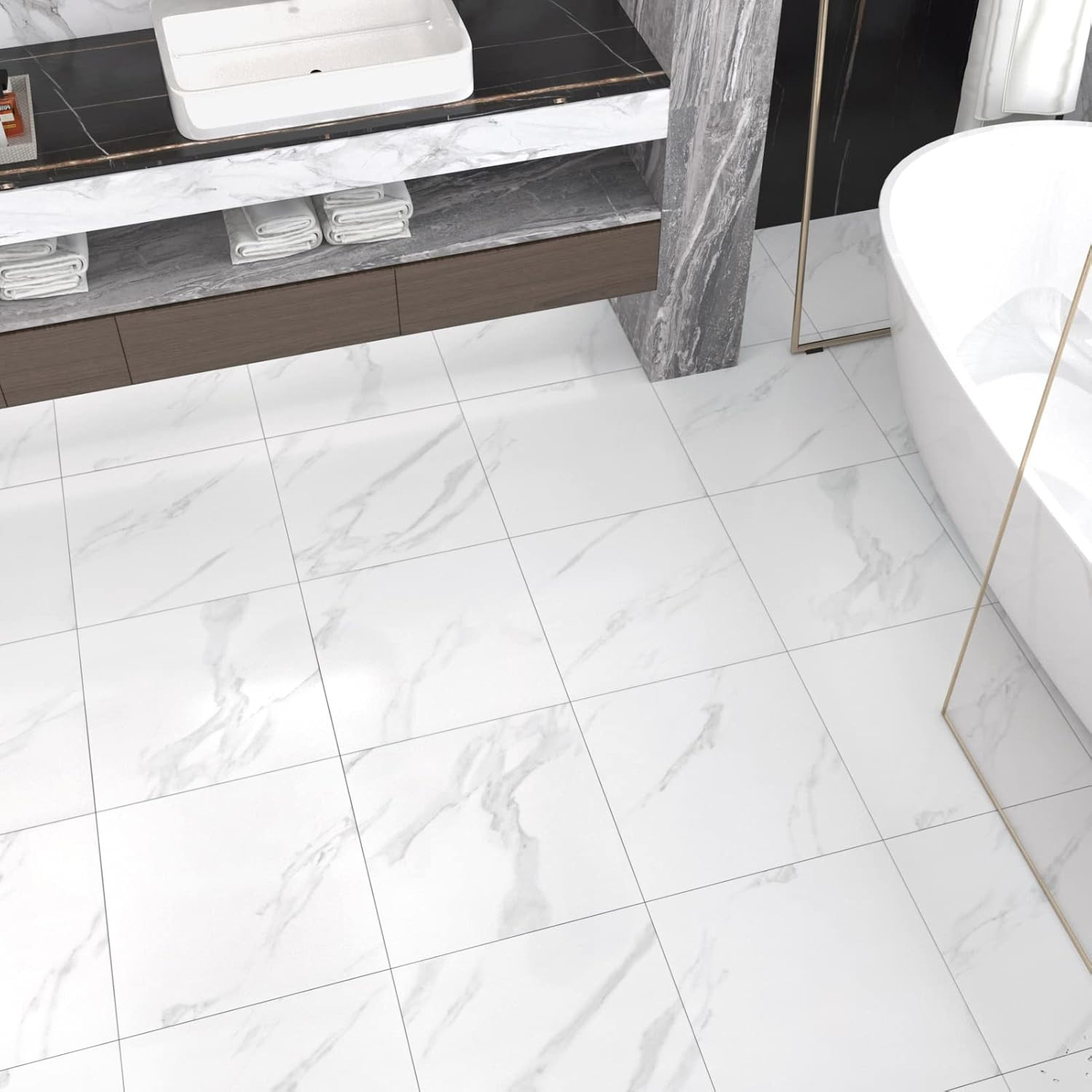 White Marble Peel and Stick Floor Tile Bathroom Waterproof Marble Flooring Tiles