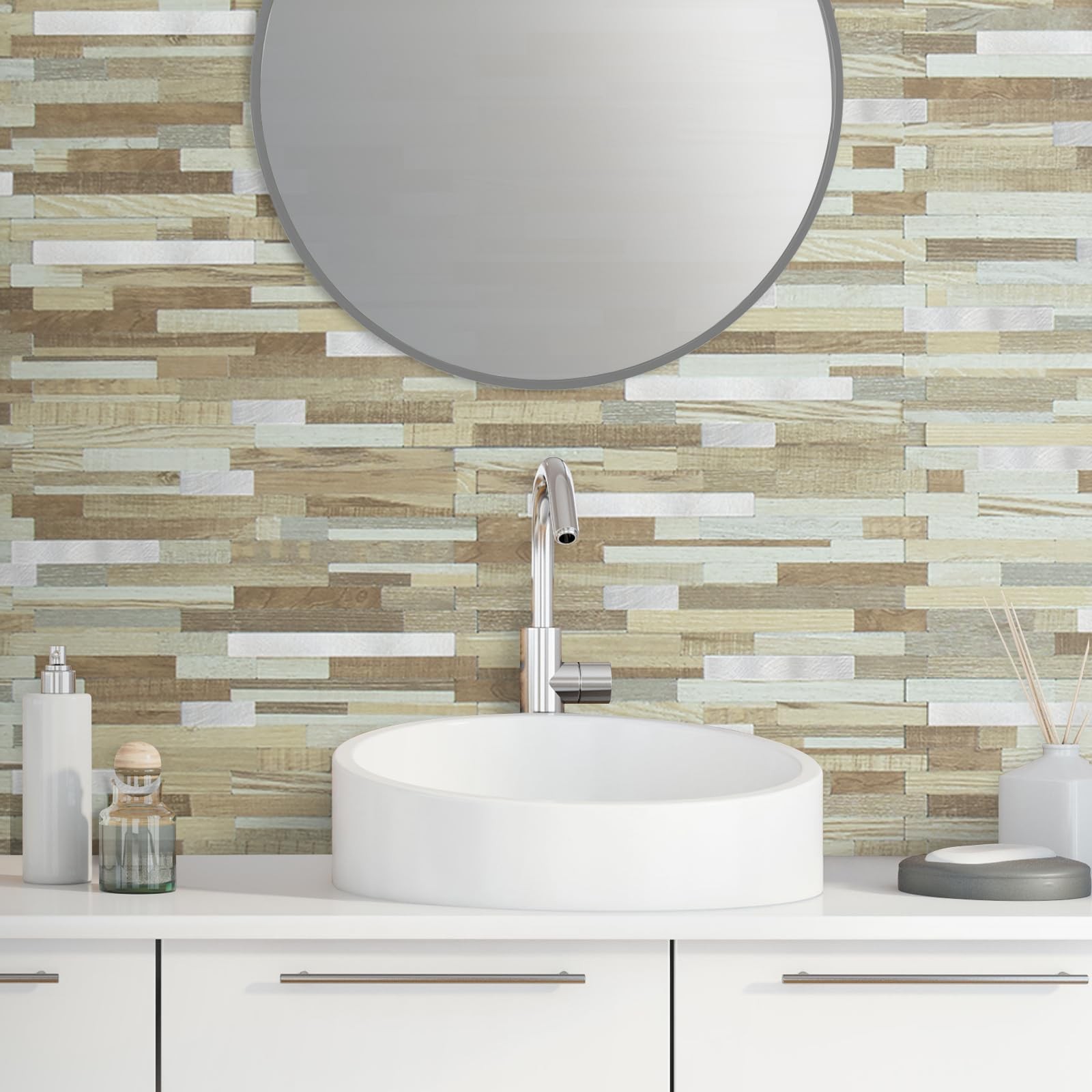 AULIGET 20 Sheets Beige & Brown Wood Peel and Stick Backsplash, PVC Mixed Met…