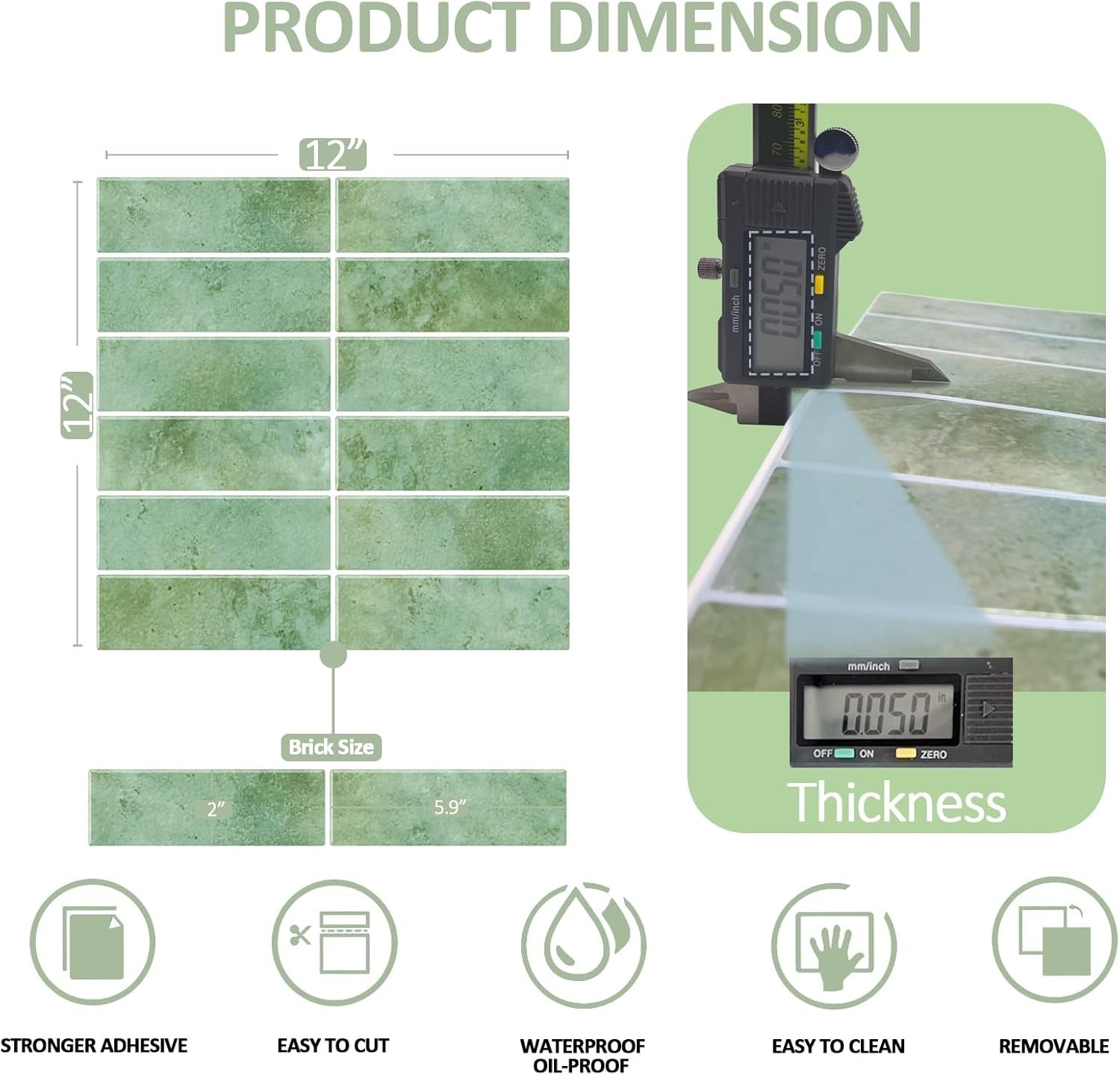 Waterproof Green Peel and Stick Tiles, 12″x12″, Ideal for Kitchen & Bath