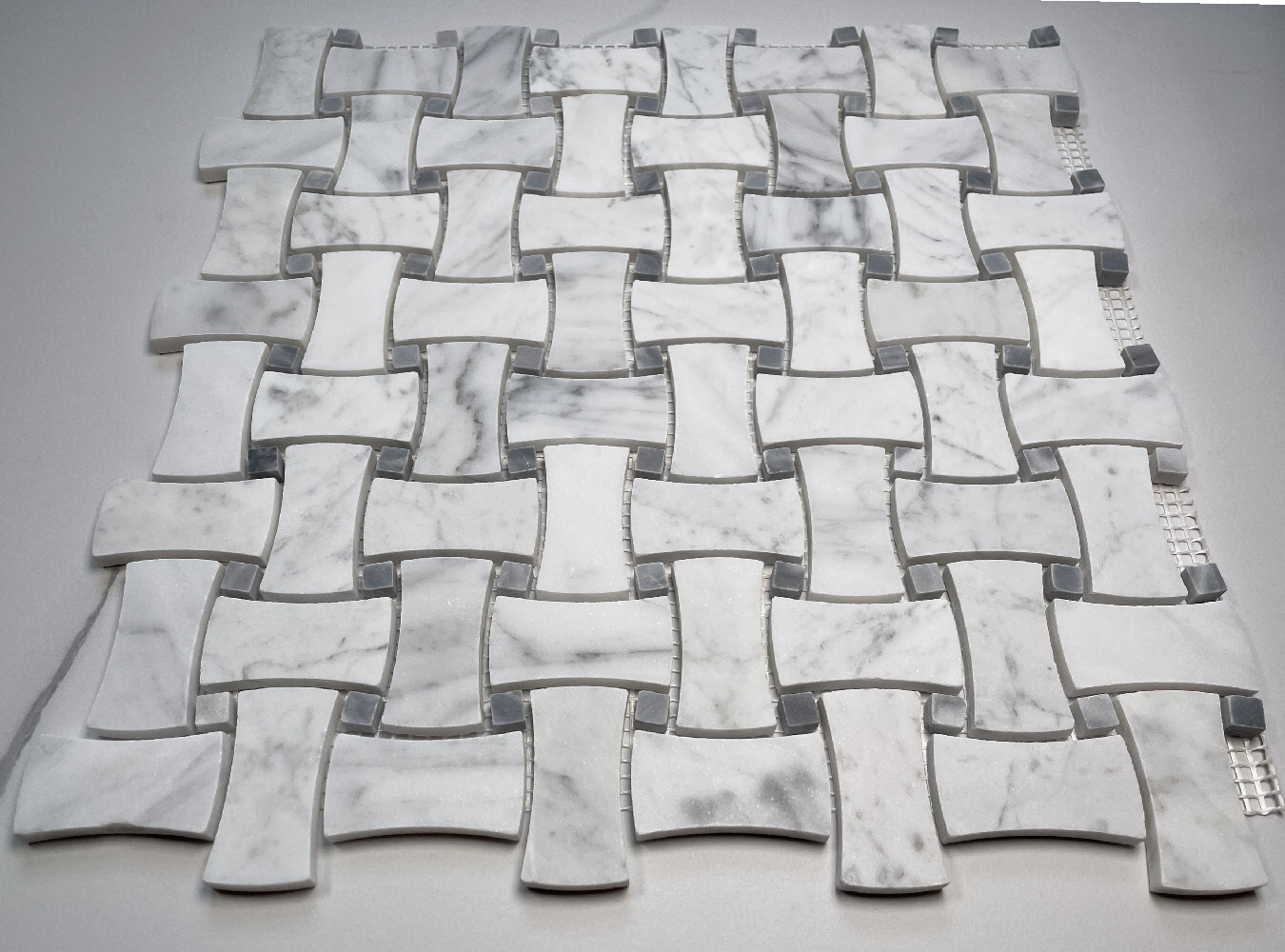 C677XH Carrara White Marble DogBone Basketweave Mosaic Tile Grey Dots Honed