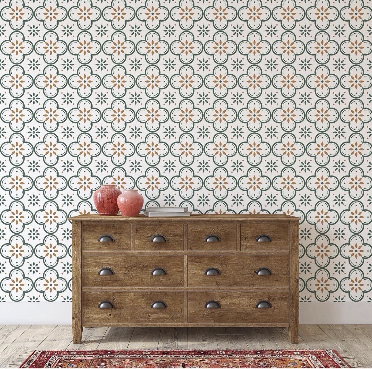 Peel and Stick Floor Tile Stickers Dark Green Floral Vinyl 7.8 x 7.8 in 10 Pack