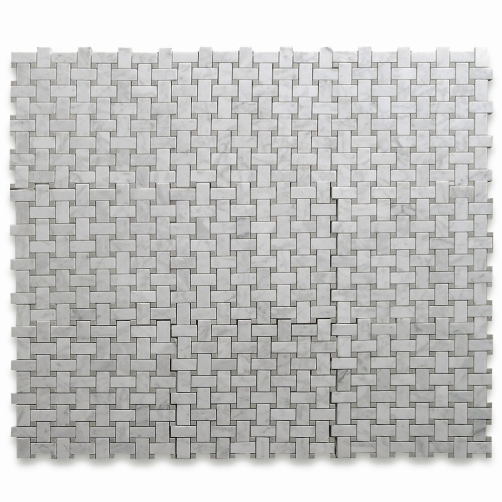 C653XH Carrara White Marble 1×2 Basketweave Mosaic Tile Gray Dots Honed