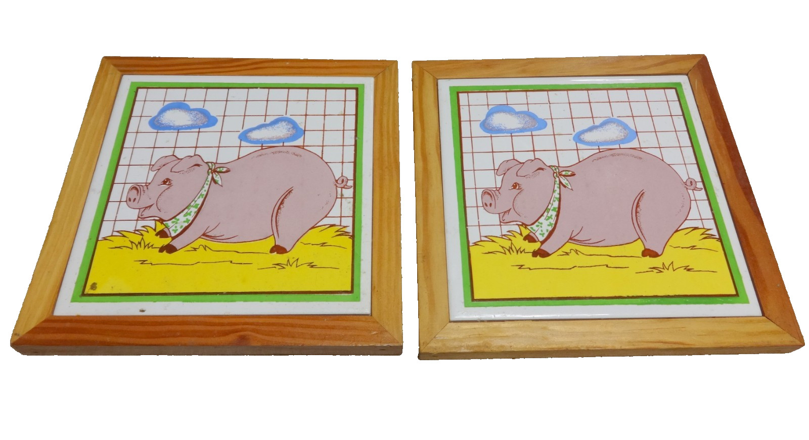 Vintage Farm Animal Pig Ceramic Tile Trivet Set of 2 Wood Frame