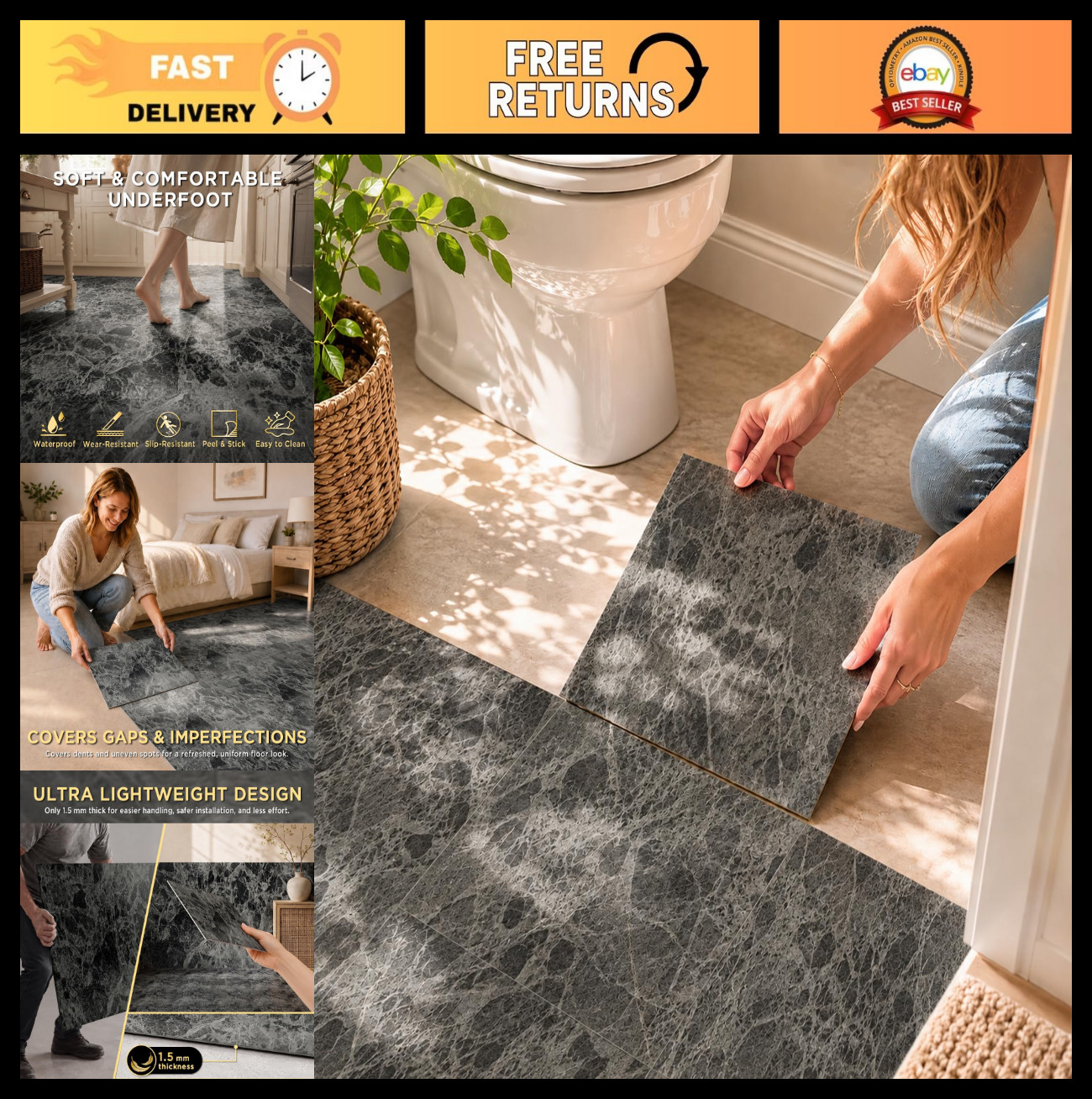 12×12 Peel and Stick Marble Grain Floor Tile – 20 PCS, Non-Slip, No Grout, Easy