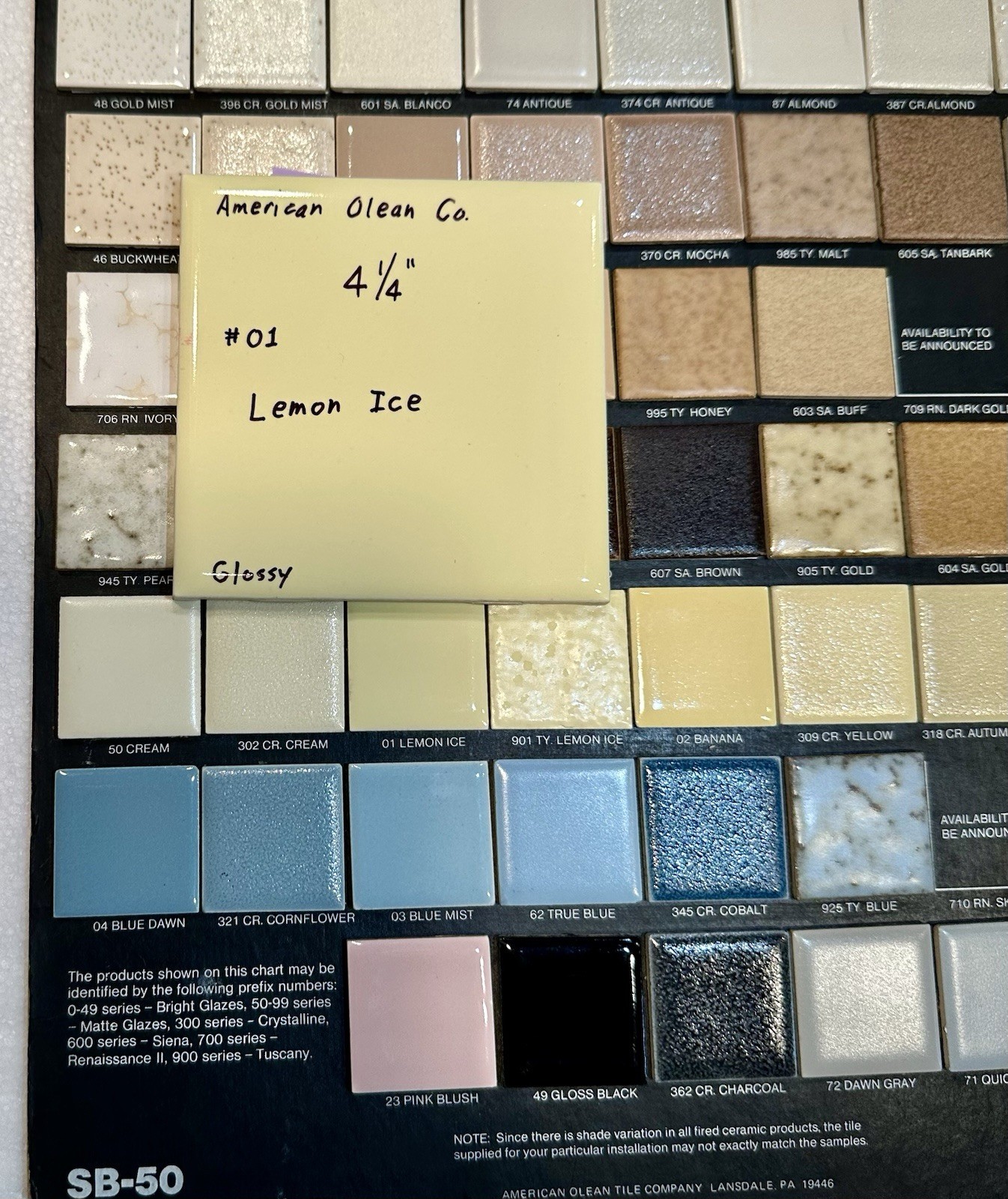 1 pc. Lemon Ice – Yellow: 4-1/4″ Glossy Ceramic Tile by American Olean #01, rare