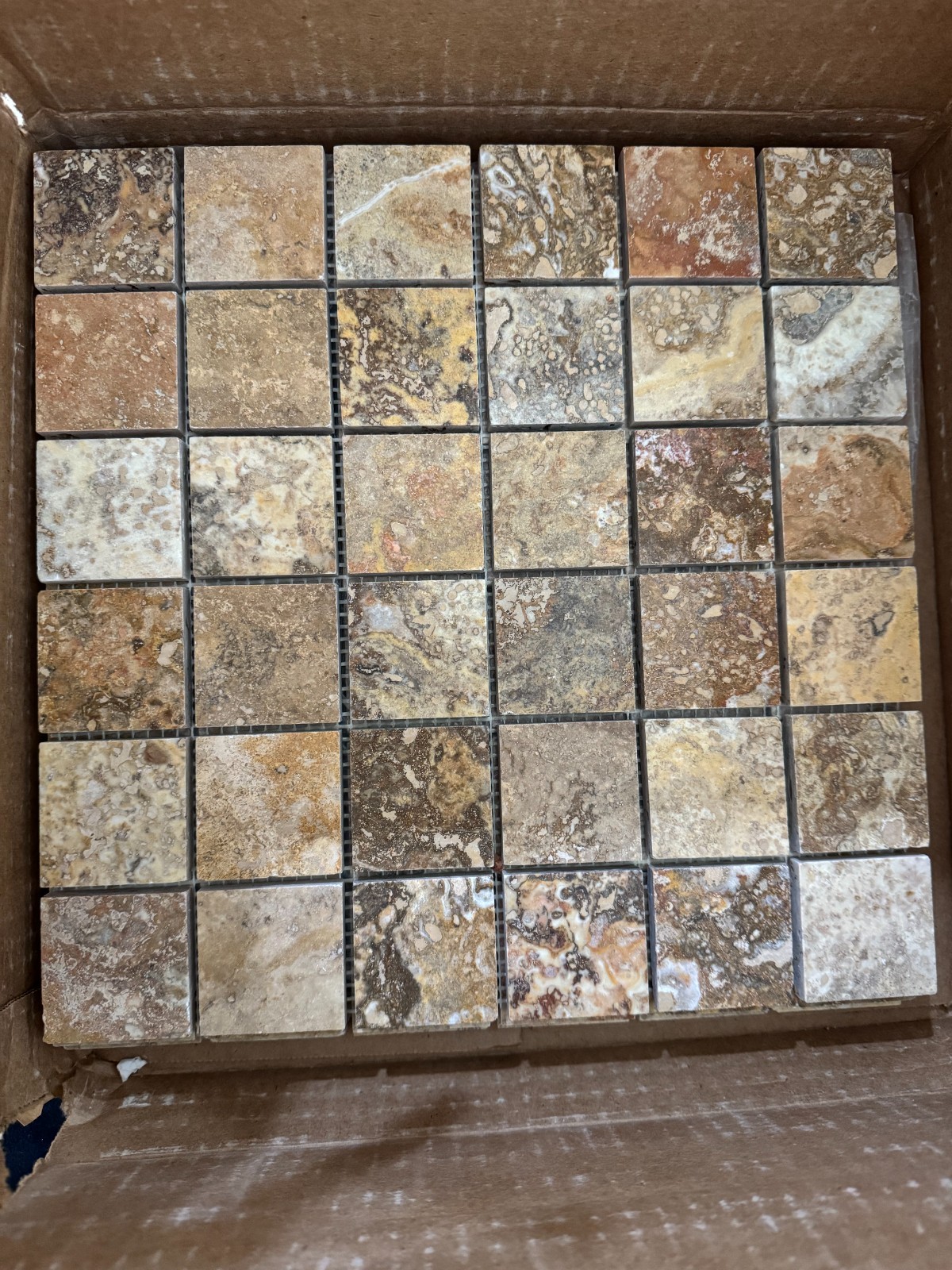 BRAND NEW 12×12 Polished Scabos Travertine Mosaic Floor/Wall Tile – ONE SHEET