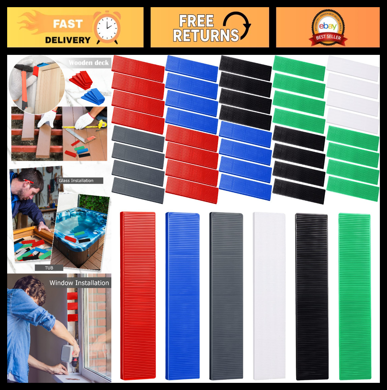 120 Pcs Plastic Flat Shims for Leveling Tiles – Multi-Color Sizes 3/64 to 1/8