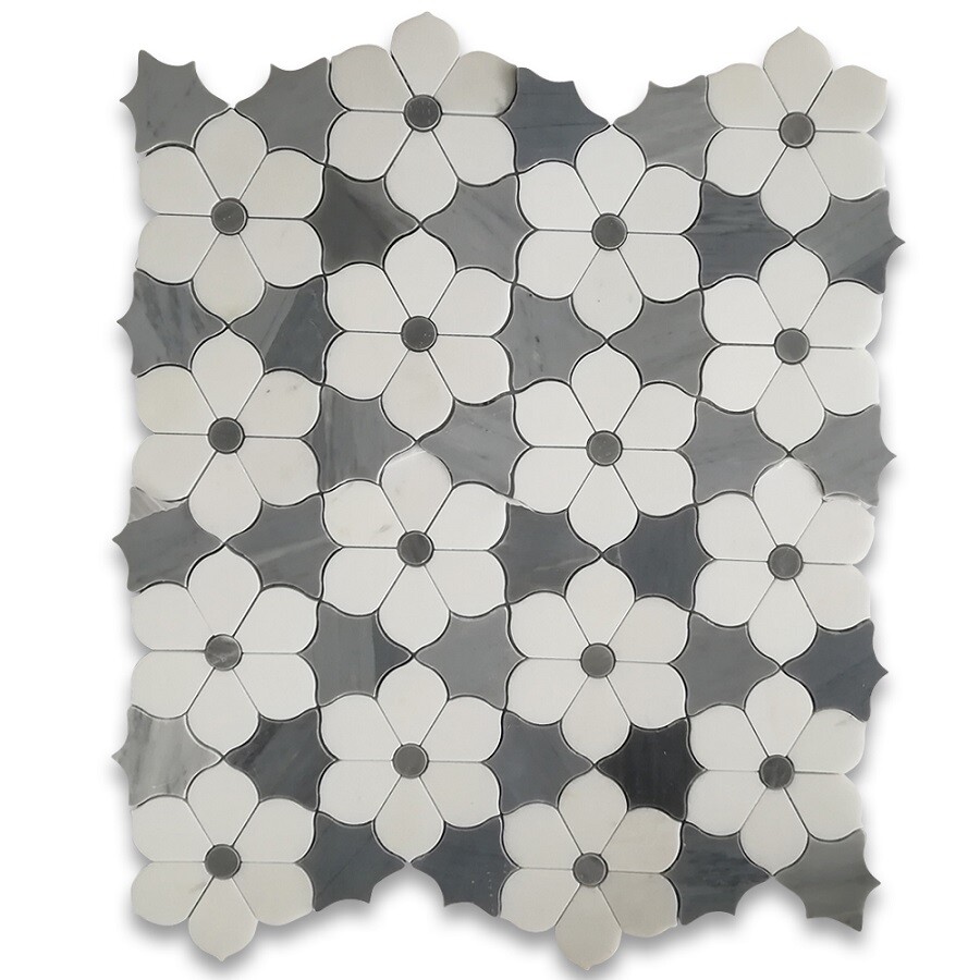 T9E7XP Thassos & Gray Marble Waterjet Magnolia Flower Accent Tile Polished