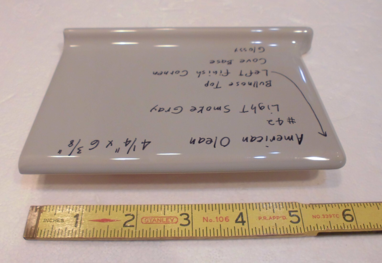 1 pc. Light Smoke Gray: base/cove Ceramic Tile: 4-1/4″ X 6″ Left Finish Corner