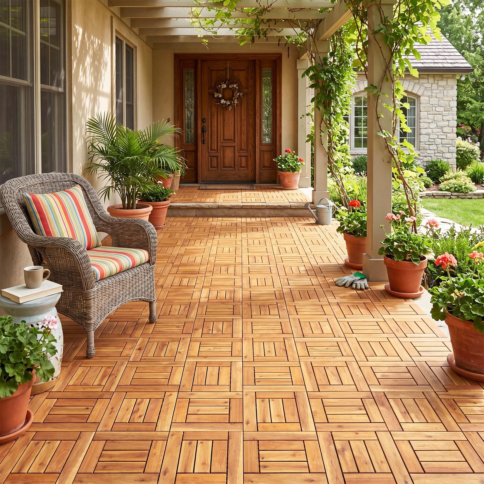 12″ x 12″ Acacia Wood Interlocking Deck Tiles54 PCS Waterproof Flooring Tiles