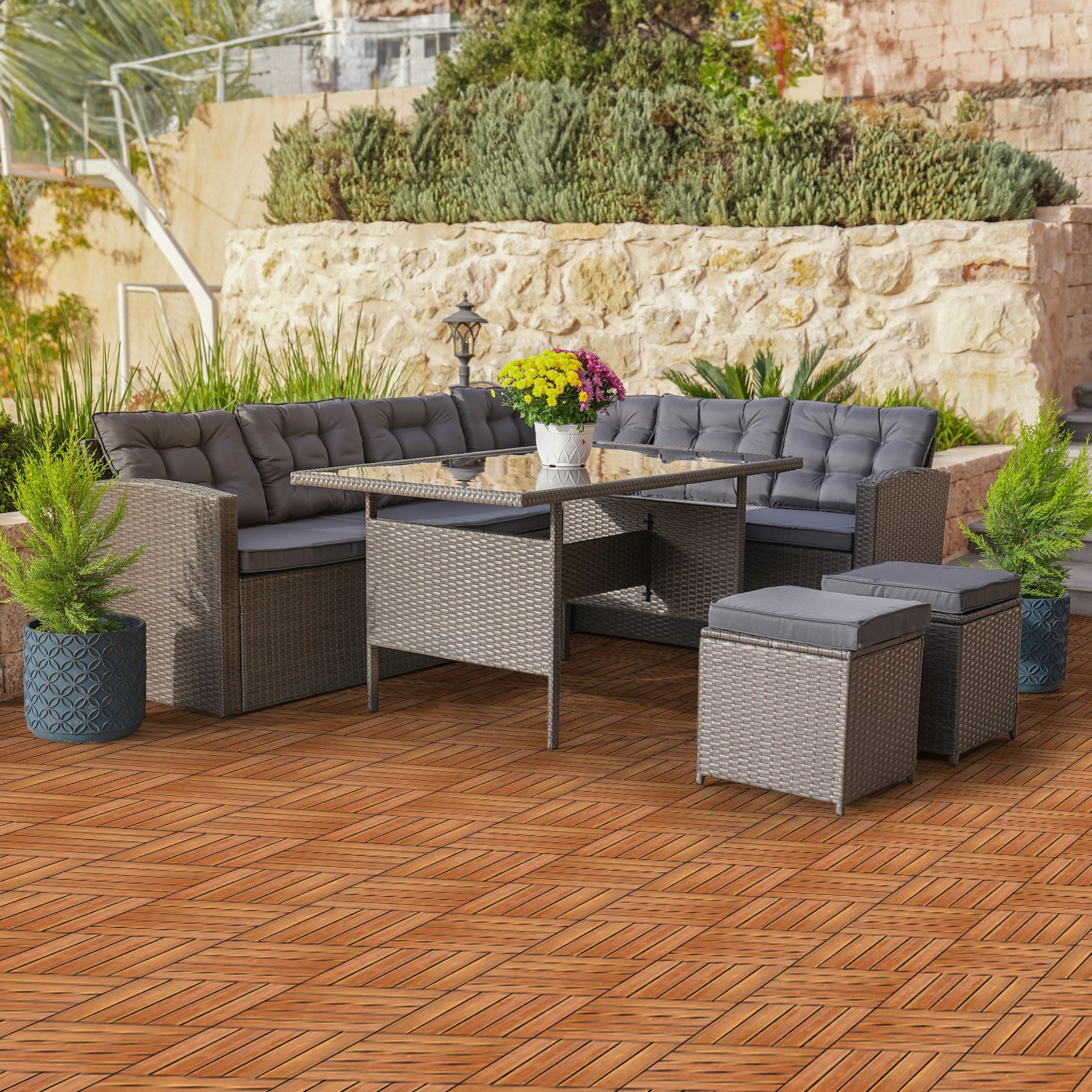 27pcs Wood Interlocking Deck Tiles 11.8″x11.8″, Waterproof , Stripe Pattern