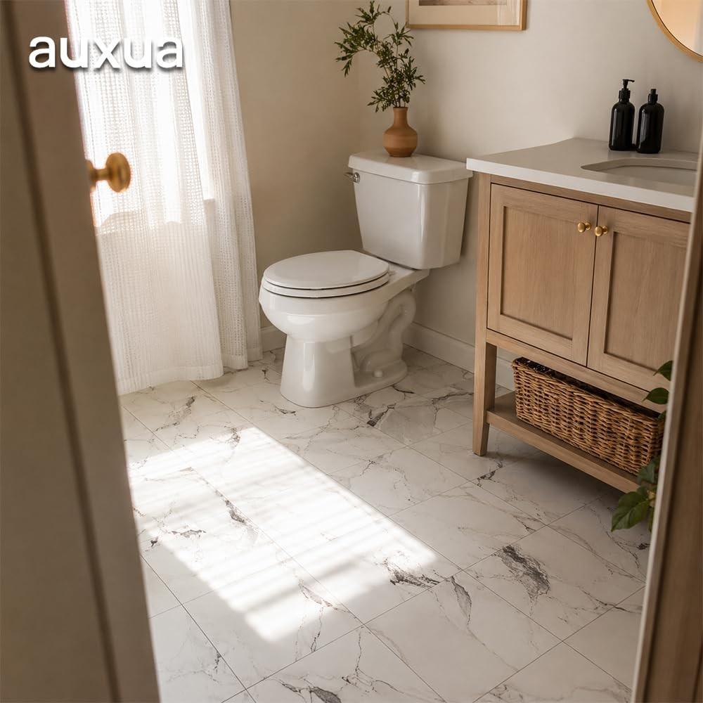 Renter-Friendly Marble Grain Peel and Stick Floor Tile 10 PCS – NO Grout, NO Mes