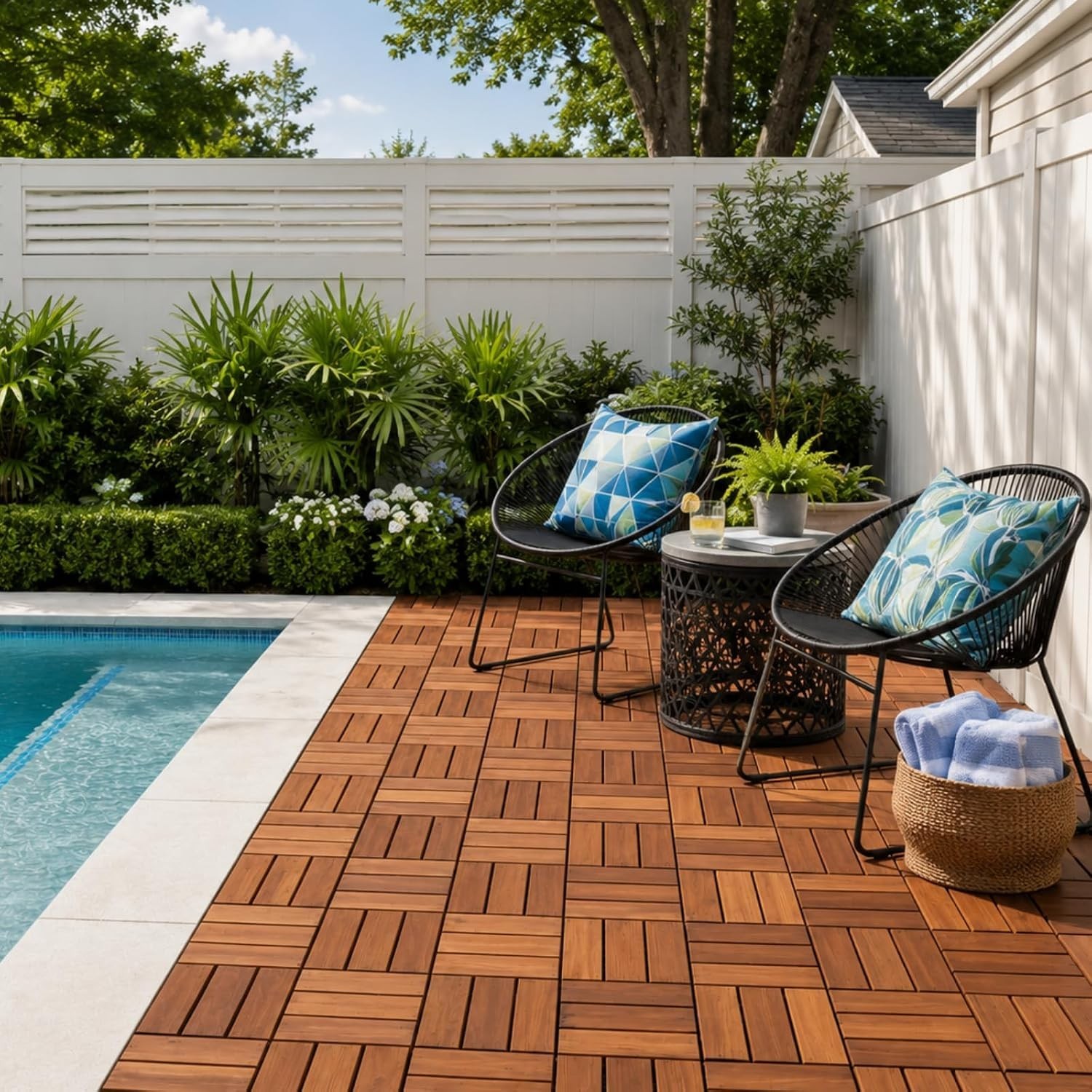 Luxury Acacia Deck Tiles for Patios & Backyards – 10 Pcs, Easy Snap Assembly