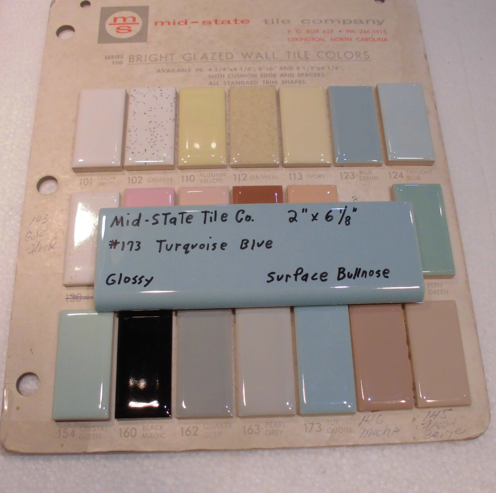 1 pc. Turquoise – Blue: 2” X 6” Surface Bullnose Ceramic Tile by MID-STATE NOS