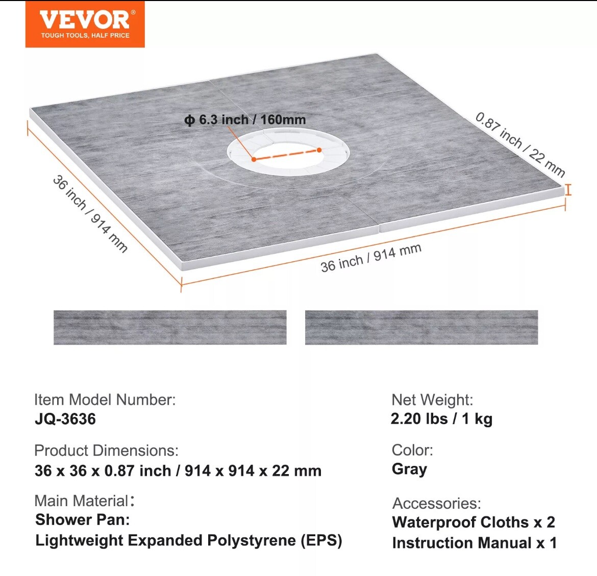 VEVOR Waterproofing Shower Curb Tray Kit 36″x36″ w/ Central Drain Thickened