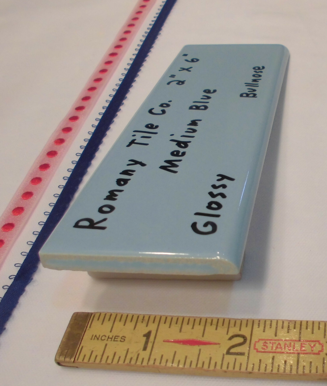 1 pc. *Medium Blue* 2” X 6” Glossy Surface Bullnose Ceramic Tile: New Old Stock