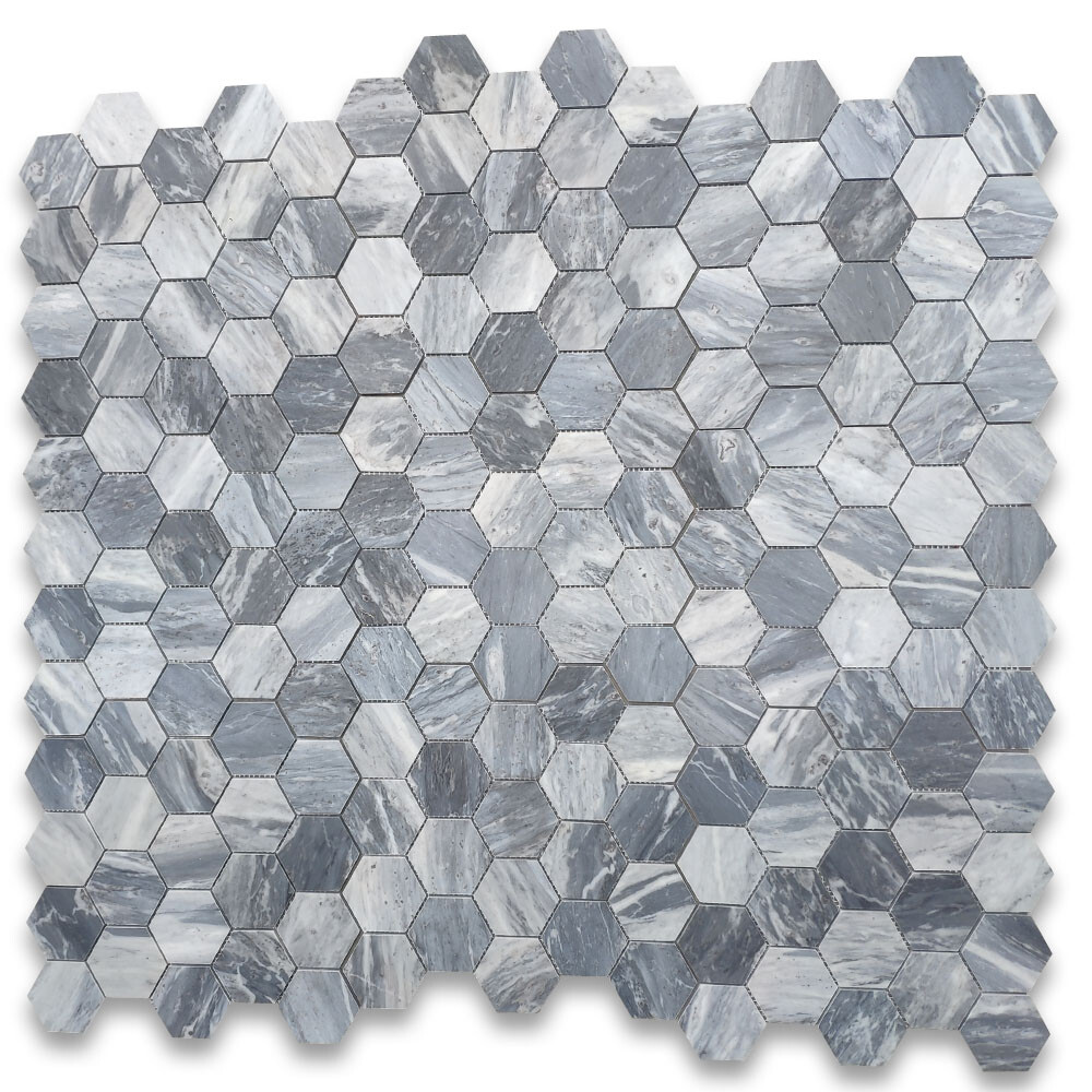 K33XH Bardiglio Gray Dark Grey Marble 3 inch Hexagon Mosaic Tile Honed