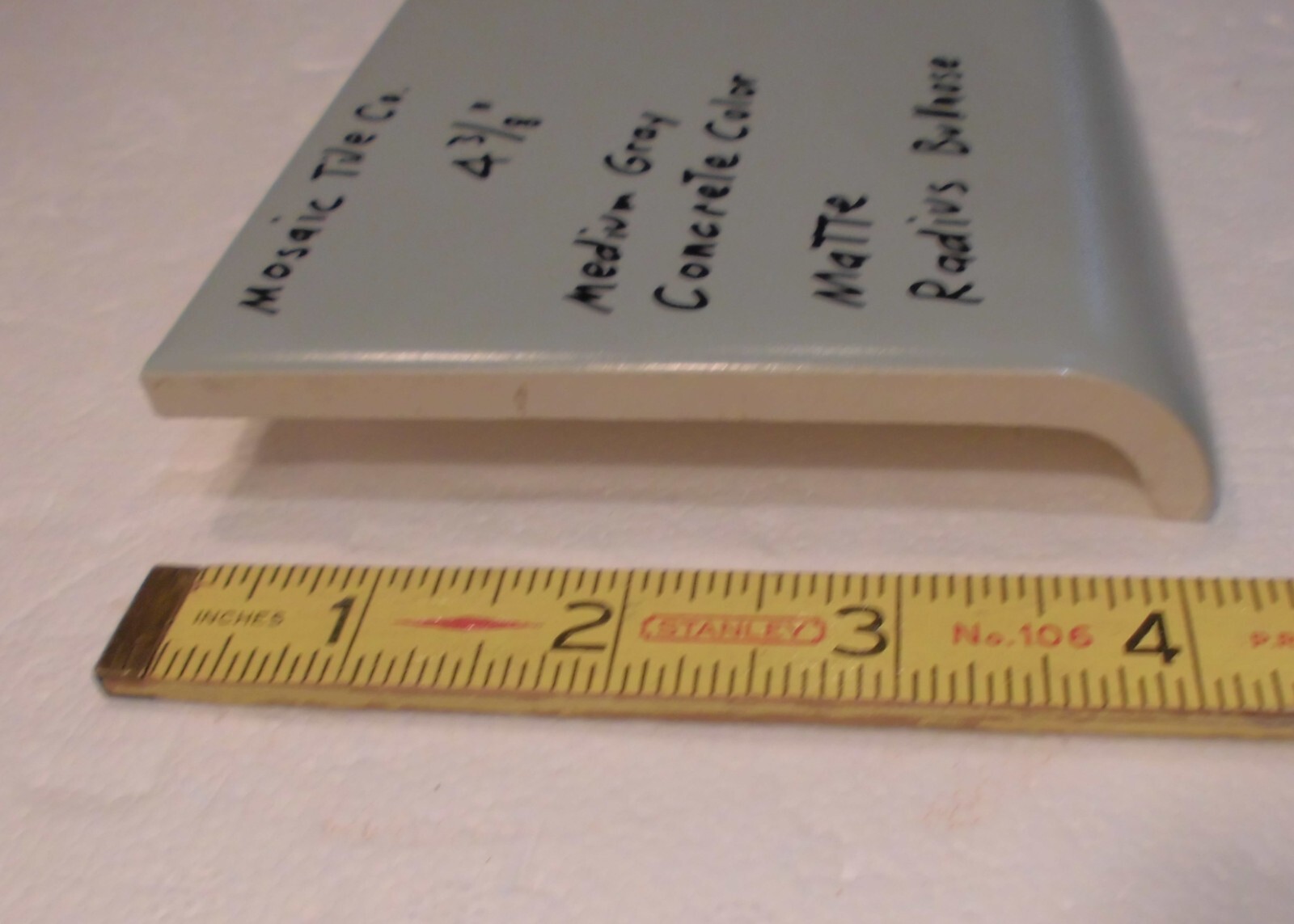 1 pc. Gray-Concrete Color: Matte Radius Bullnose Ceramic Tile 4-3/8″ Mosaic Co.