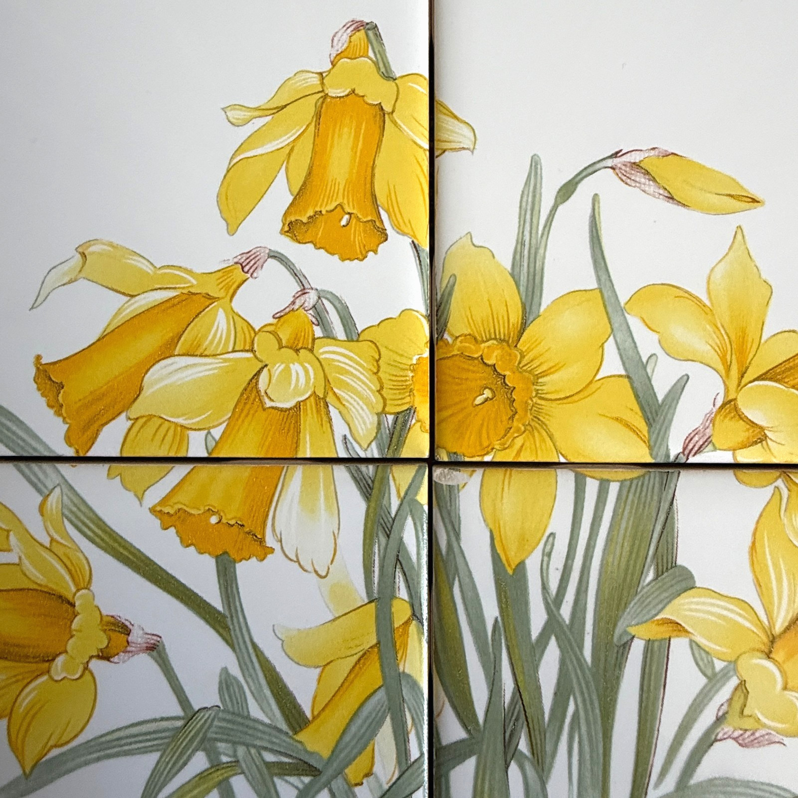 Vintage Yellow Daffodils Tile Mural Set 4 on White USA Wildflower Garden