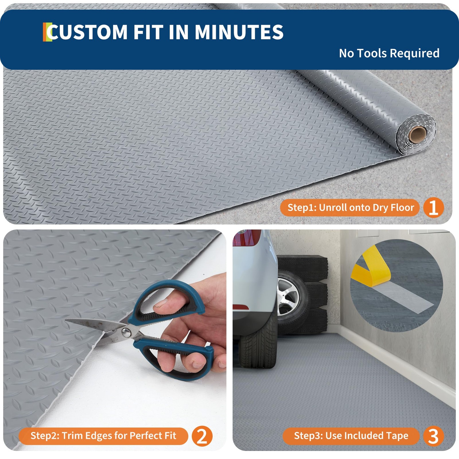 7.5×25 FT Garage Floor Mat, 2mm Thickened PVC Non-Slip Garage Roll Diamond Plate