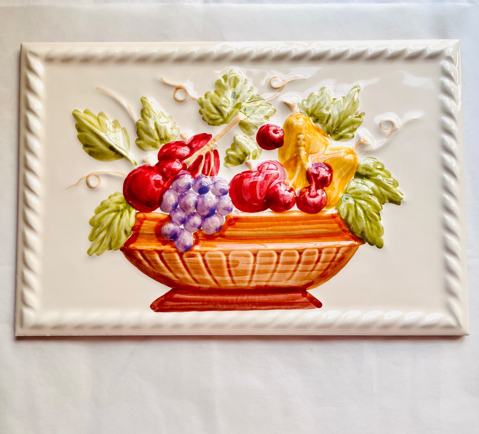 Vintage Embossed 3D Ceramic Fruit Basket Wall Tile Plaque Accent Piece Kitchen