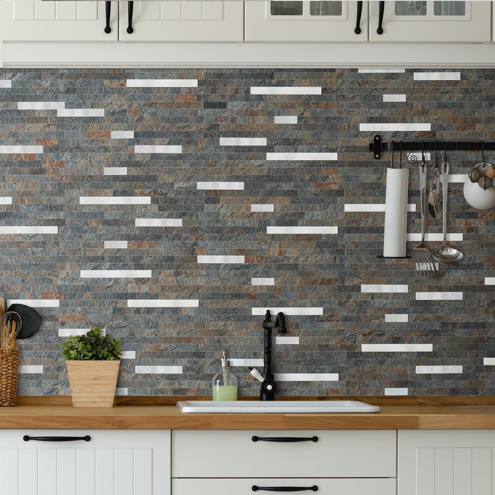 AULIGET 20 Sheets Rust Slate Peel and Stick Backsplash, PVC Mixed Metal Silve…