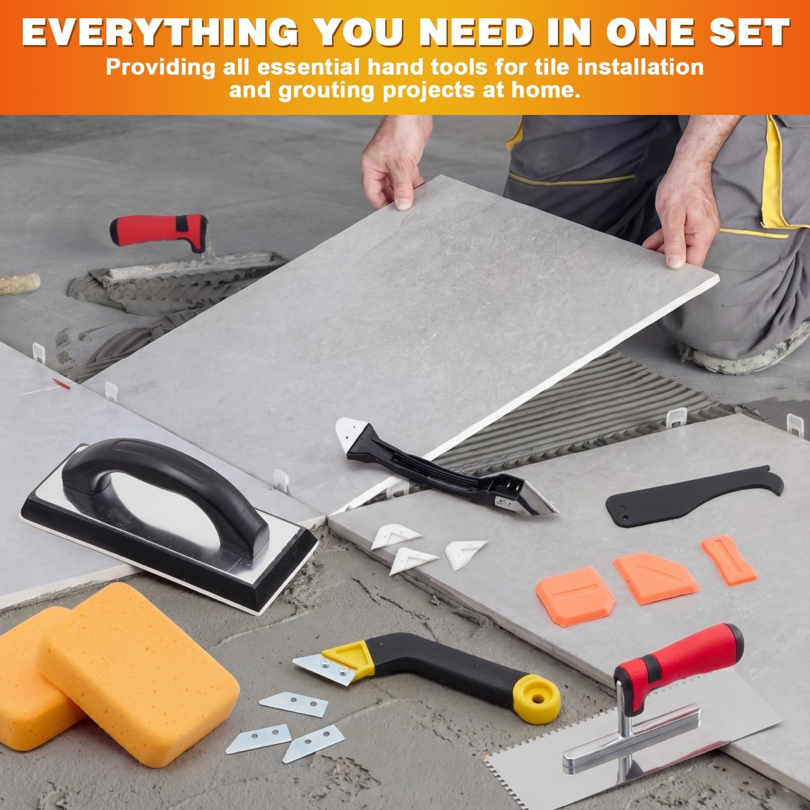 23 Pcs Tile & Grout Tool Set, Caulking Remover, Stainless Steel Trowel, Sponge,