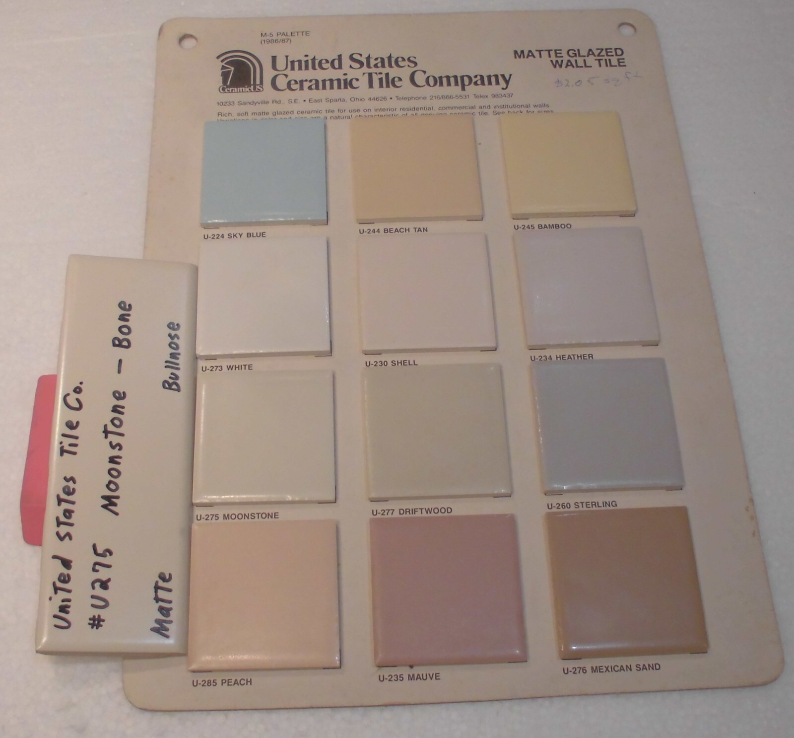 1 pc. Matte Bone: Bullnose Surface Flat Ceramic Tile #U-275 Moonstone, Made USA