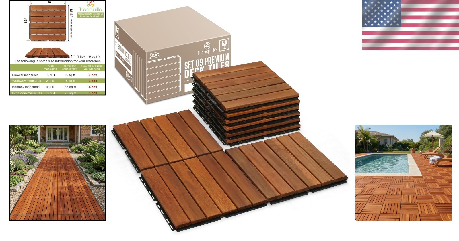 Easy DIY Acacia Wood Patio Tiles – Non-Slip, 9 Pcs for Indoor/Outdoor Use