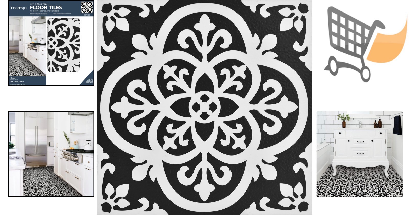 Gothic Peel & Stick Vinyl Floor Tiles 12×12 Black Water Resistant Easy Install