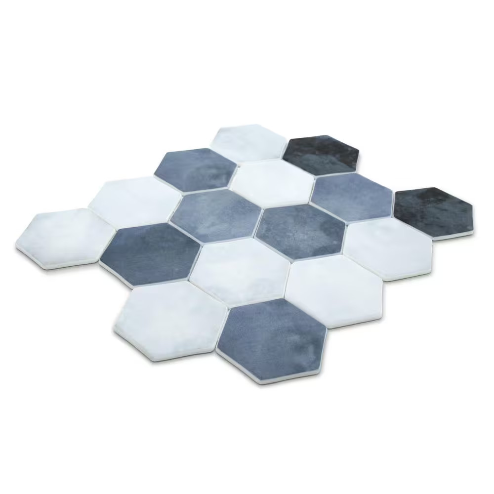 Hexagon Blue Mix 11.8 In. X 10.2 In. Matte Recycled Glass Cement Looks Floor and
