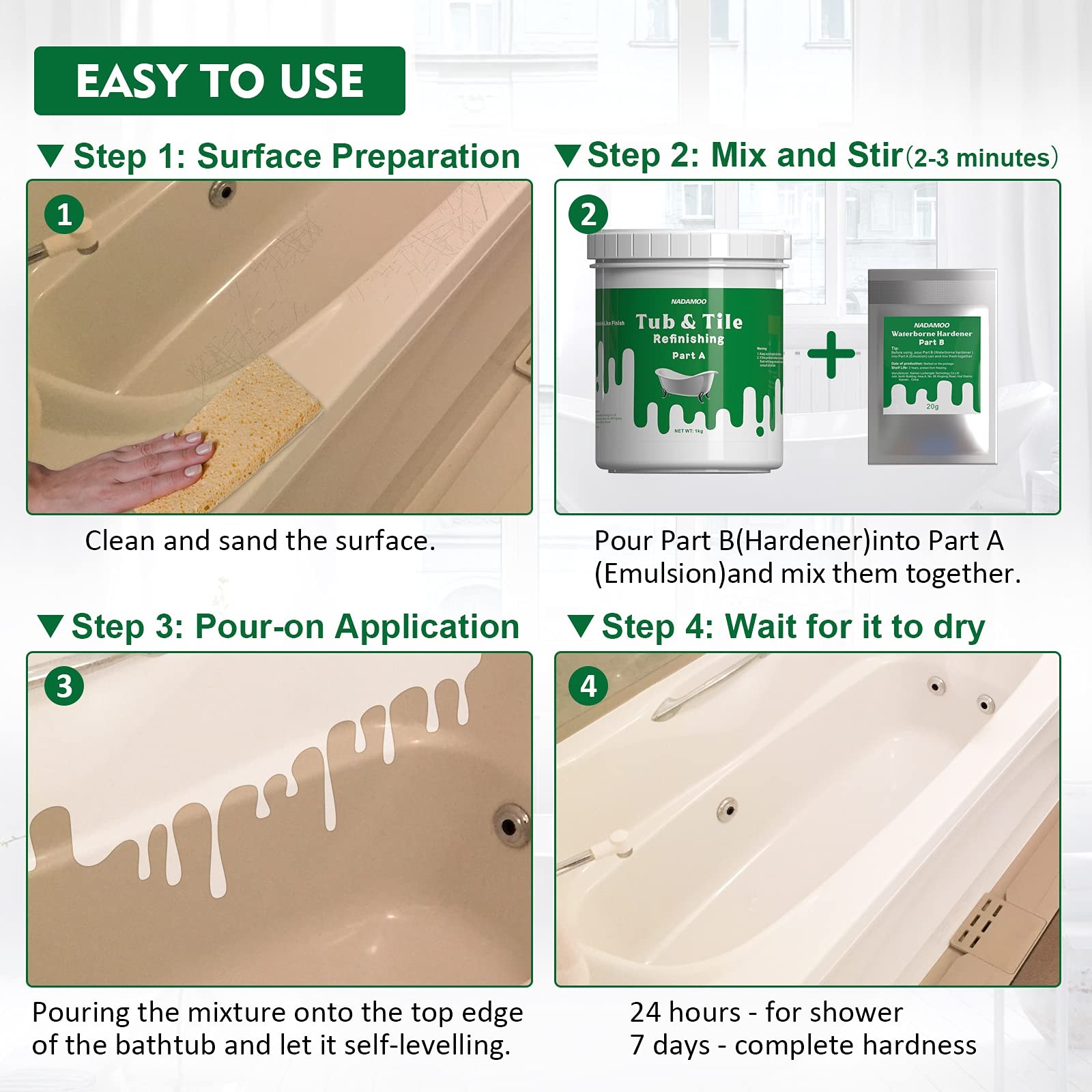 Tub and Tile Refinishing Kit White, Without Tools, 500g/17 oz Emulsion and 10…