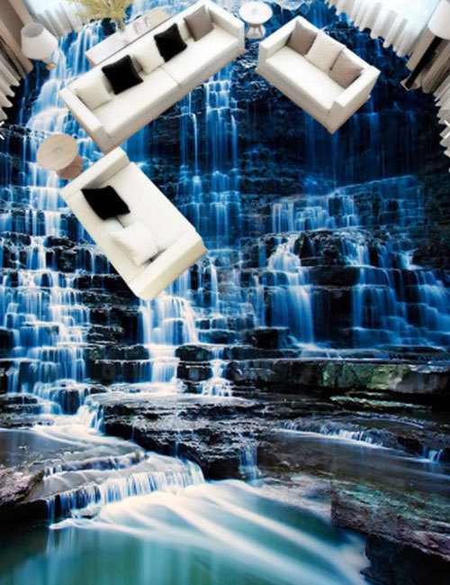 3D Waterfall Blue Rock Floor Mural Photo Flooring Wallpaper Print Home Wall Deca