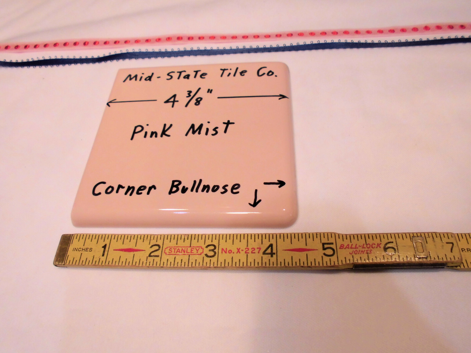 1 pc. “Glossy Pink Mist” Corner Bullnose Ceramic Tile 4-3/8″ by Mid-State Co.