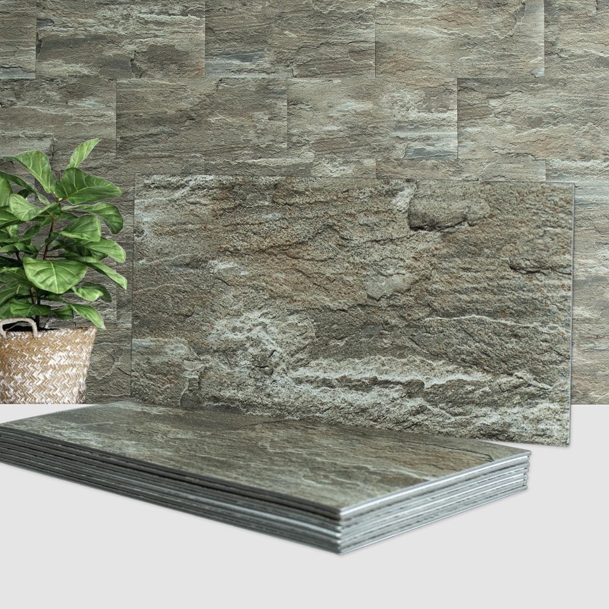 20-Piece Apache Brown Rock Peel and Stick Backsplash Wall Tiles, 6″ x 12″ PVC…