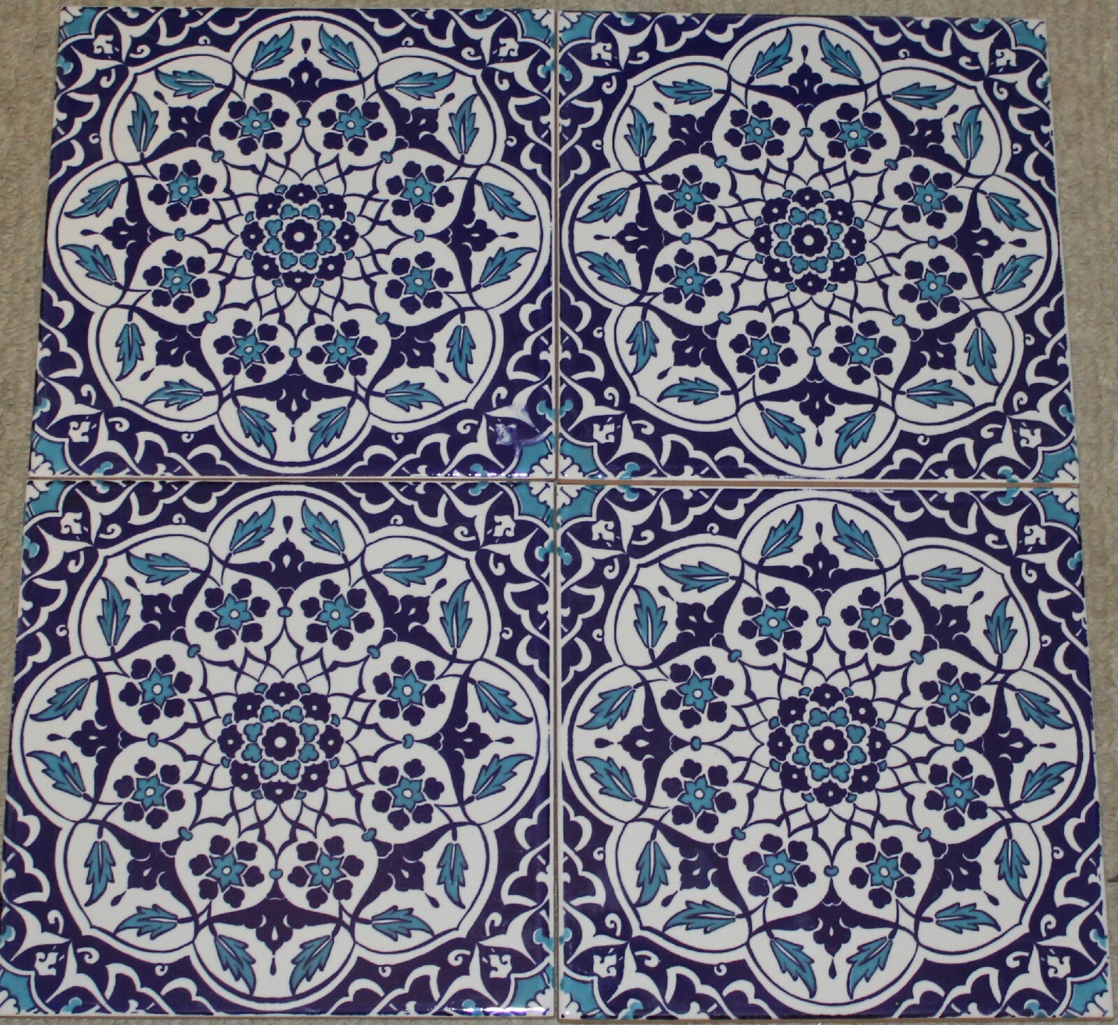 16″X16″ (40cm x 40cm) Turkish Iznik Blue Carnation & Floral Pattern Ceramic Tile