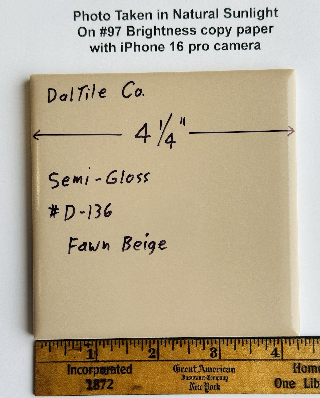 1 pc. Fawn Beige: 4-1/4″ Gloss Ceramic Tile by Daltile #D-136: New Old Stock