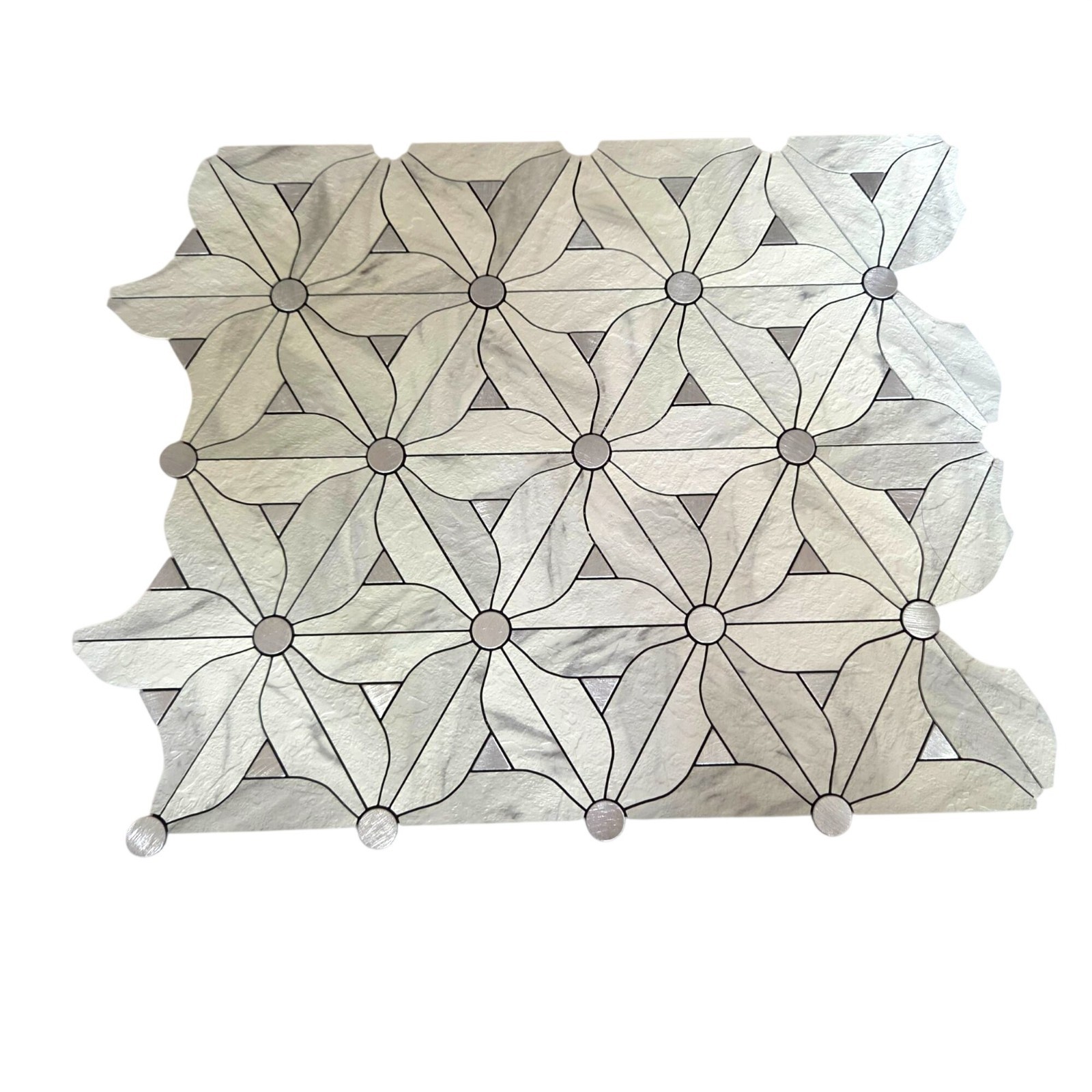 10 Sheets 12″x 12″ Peel & Stick Backsplash White PVC Silver Geo Flower Tiles