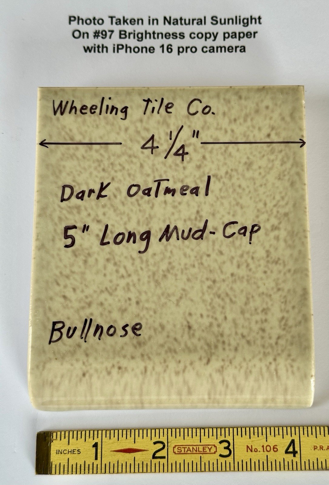 1 pc. Radius Long Bullnose: 4-1/4″ X 5″ Oatmeal Glossy Ceramic Tile, Wheeling Co