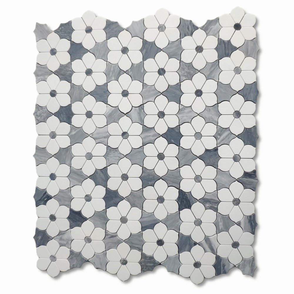 T9E7XP Thassos & Gray Marble Waterjet Magnolia Flower Accent Tile Polished