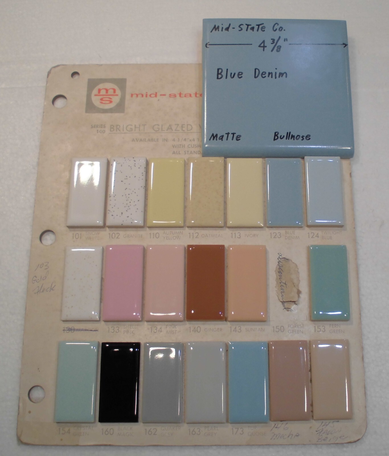 1 pc. Blue Denim: Matte Ceramic Bullnose Tile 4-3/8″ by Mid-State Co. NOS