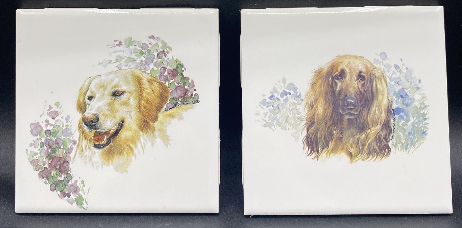 Pair Of Ceramic Dog 4 3/8″ x 4 3/8″ Decorative Tiles