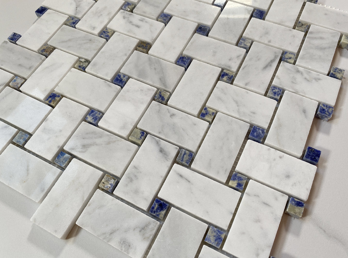 C656XP Carrara White Marble Basketweave Mosaic Tile Azul Blue Dots Polished