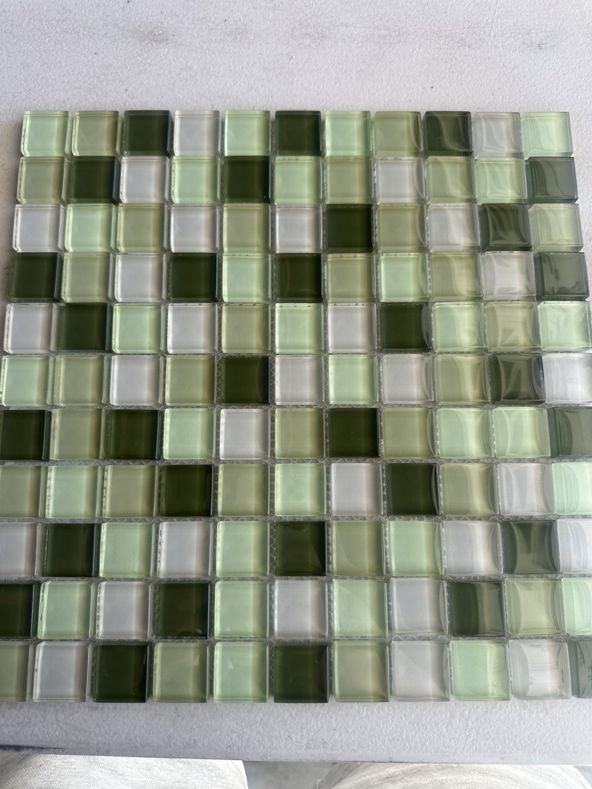 Light green Mix Glossy Glass Mosaic 1″x1″ Stacked Mesh Mounted